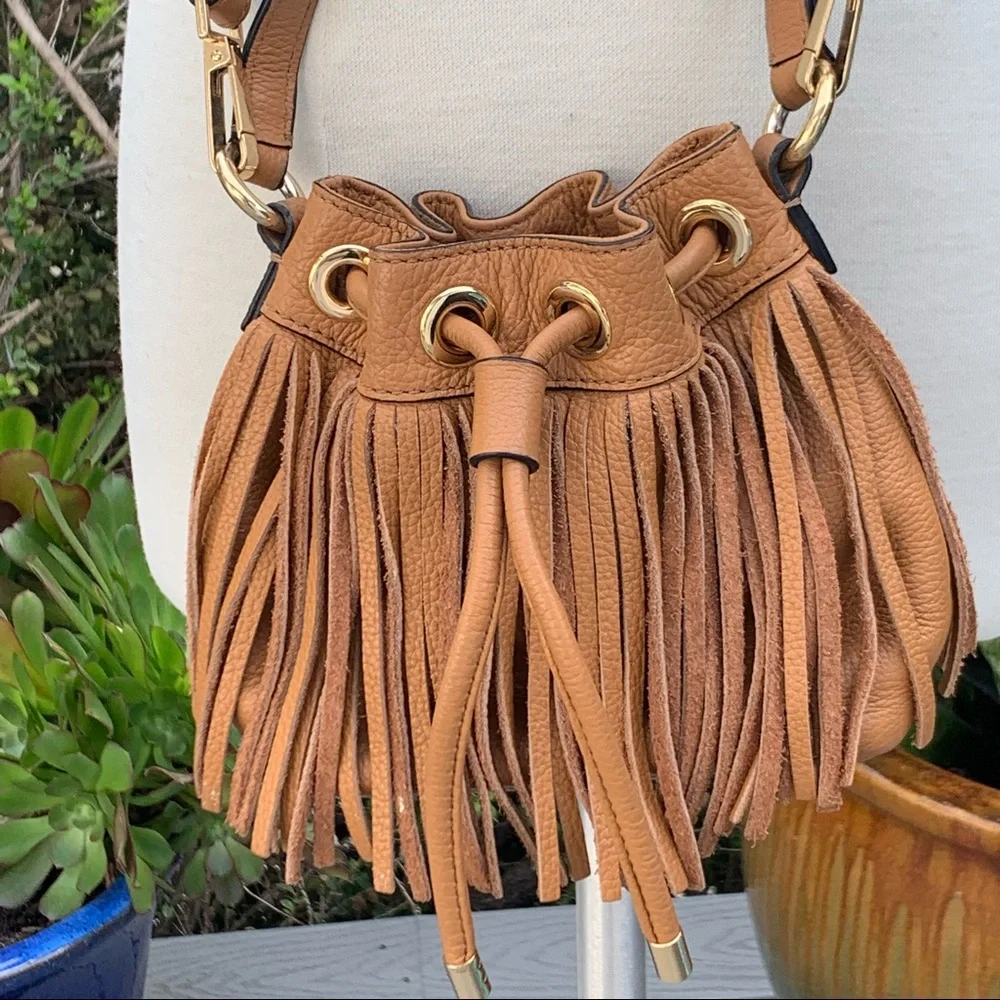 MILLY Fringe Bucket Bag Crossbody handbag leather clean inside EUC super BOHO